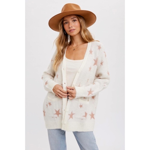 SOLD OUT Cream Star Pattern Knit Mohair Button Front Cardigan Sweater w/ Pockets - Picture 2 of 8